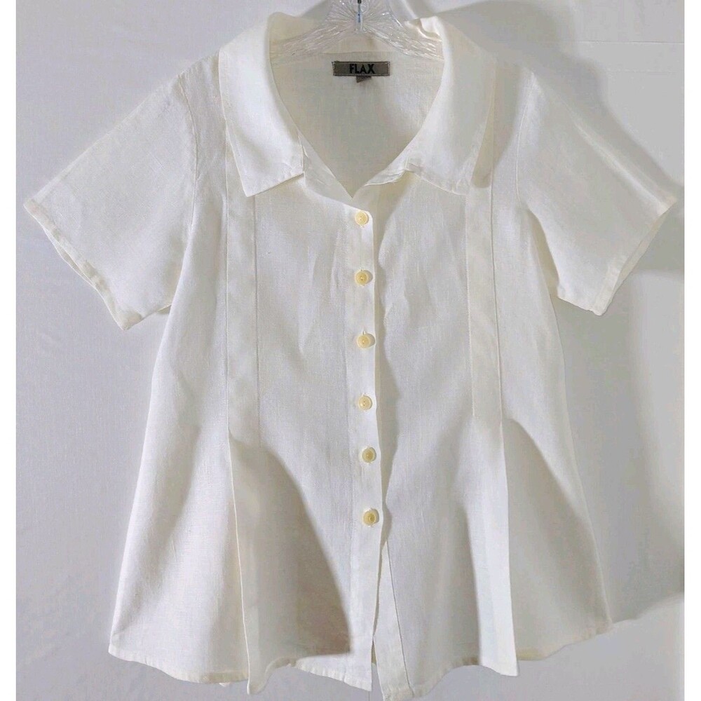 FLAX Womens White 100% Linen Collared Button-Up Short Sleeve Blouse Petite PS